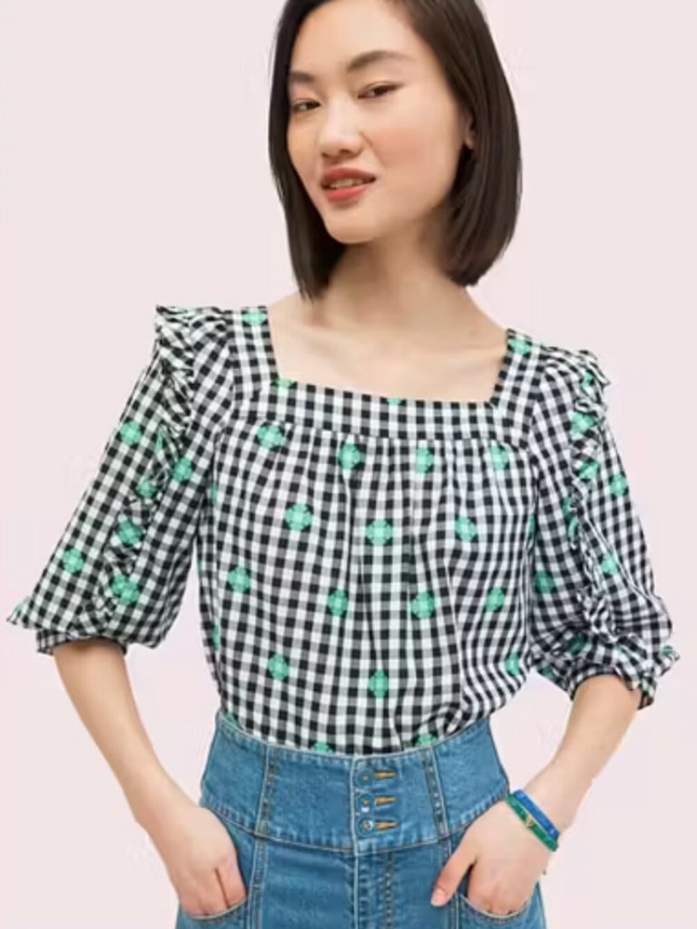 Kate Spade New York Gingham Embroidered Top XL Black White Puff Sleeve NWT